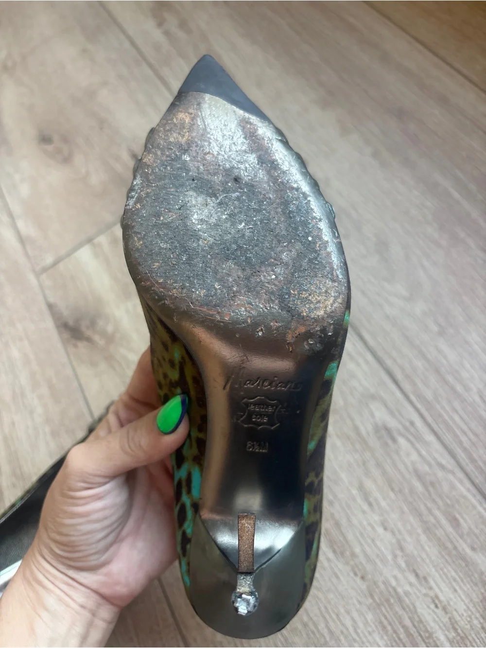 Marciano Leopard-Print Pointed Toe Pumps with Metallic Green Accents